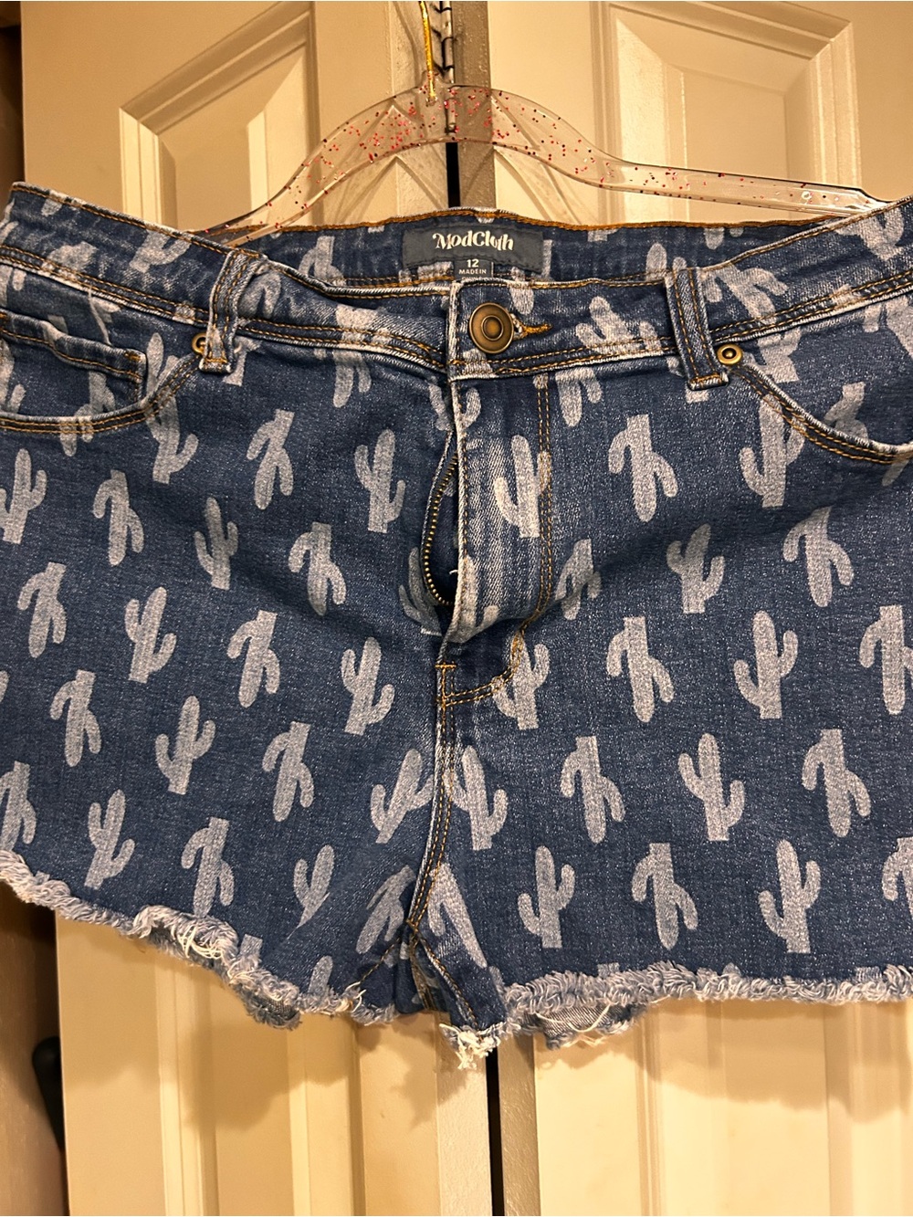 ModCloth Blue Cactus-Print Denim Cutoff Shorts